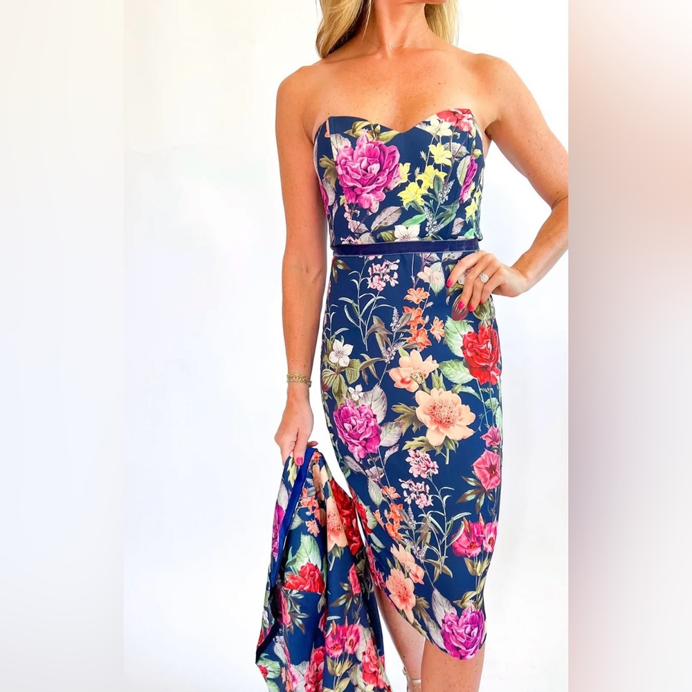 Adelyn Rae Strapless Floral Dress - Blue and Pink